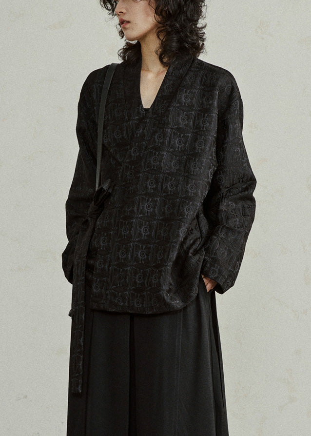 Black Asymmetrical Tie Waist Top Fall