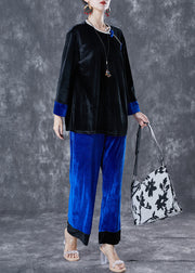 Black Blue Patchwork Silk Velour Two Pieces Set Oversized Chinese Button Spring