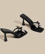 Black Bow Zircon Splicing High Heel Slide Sandals