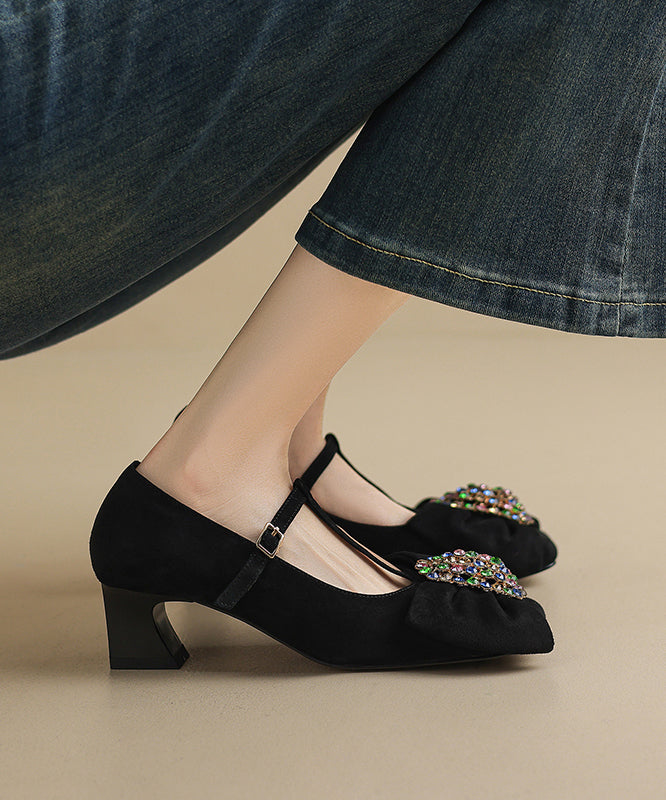 Black Buckle Strap Chunky Suede Bow Zircon Splicing High Heels