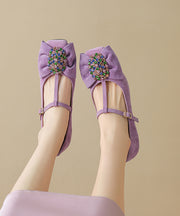 Black Buckle Strap Chunky Suede Bow Zircon Splicing High Heels
