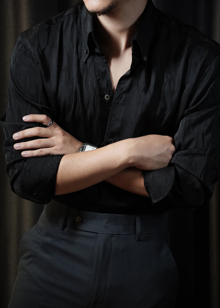 Black Button Cotton Fall Shirt Men Peter Pan Collar