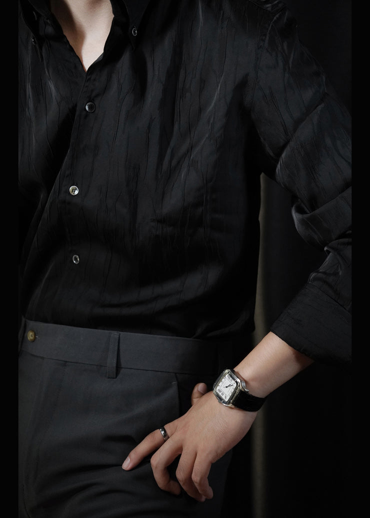 Black Button Cotton Fall Shirt Men Peter Pan Collar