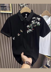Black Button Cotton Mens Polo Shirts Embroideried Summer
