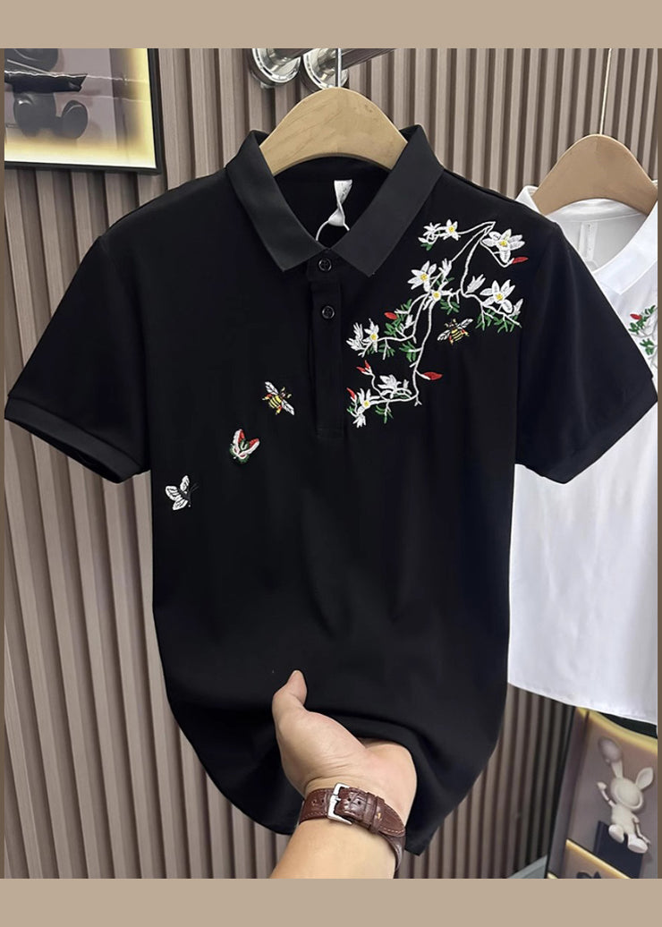 Black Button Cotton Mens Polo Shirts Embroideried Summer