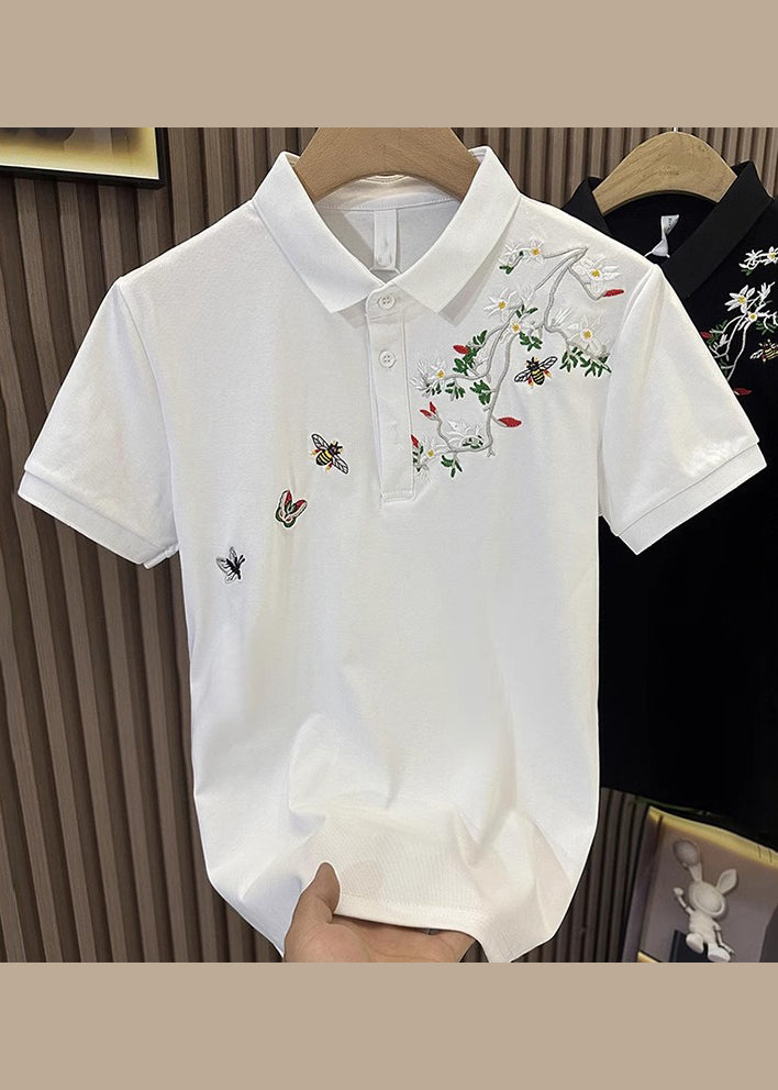 Black Button Cotton Mens Polo Shirts Embroideried Summer