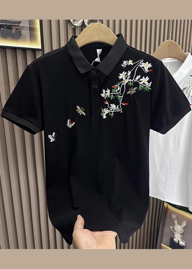 Black Button Cotton Mens Polo Shirts Embroideried Summer