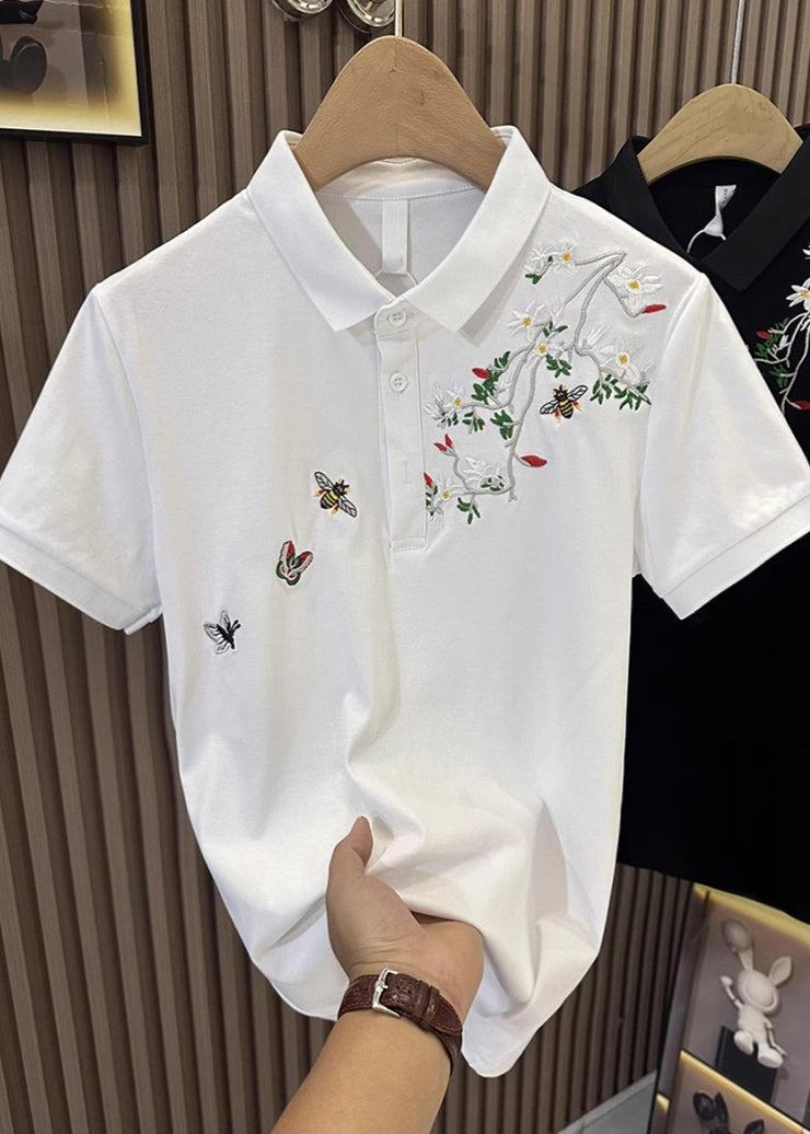 Black Button Cotton Mens Polo Shirts Embroideried Summer