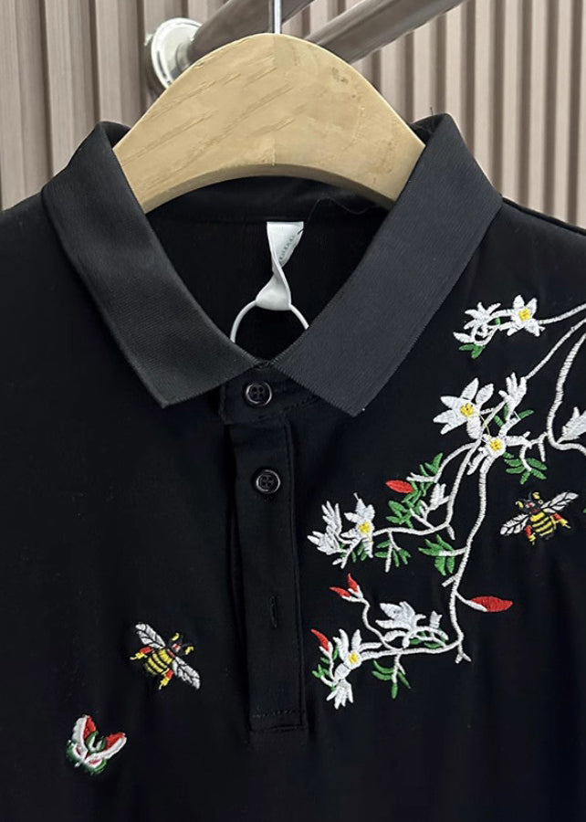 Black Button Cotton Mens Polo Shirts Embroideried Summer