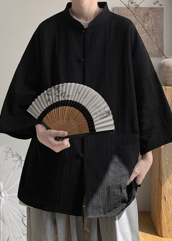 Black Button Linen Men Casual Clothing Summer Stand Collar
