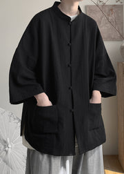 Black Button Linen Men Casual Clothing Summer Stand Collar
