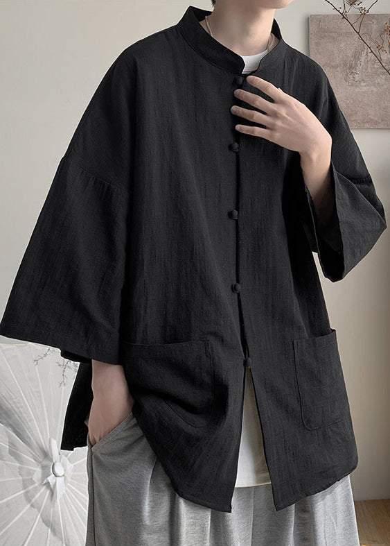 Black Button Linen Men Casual Clothing Summer Stand Collar