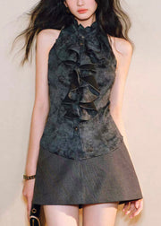 Black Button Original Design Silk Blouses Ruffled Summer