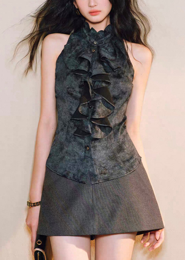 Black Button Original Design Silk Blouses Ruffled Summer