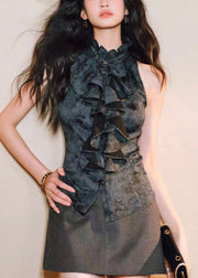 Black Button Original Design Silk Blouses Ruffled Summer