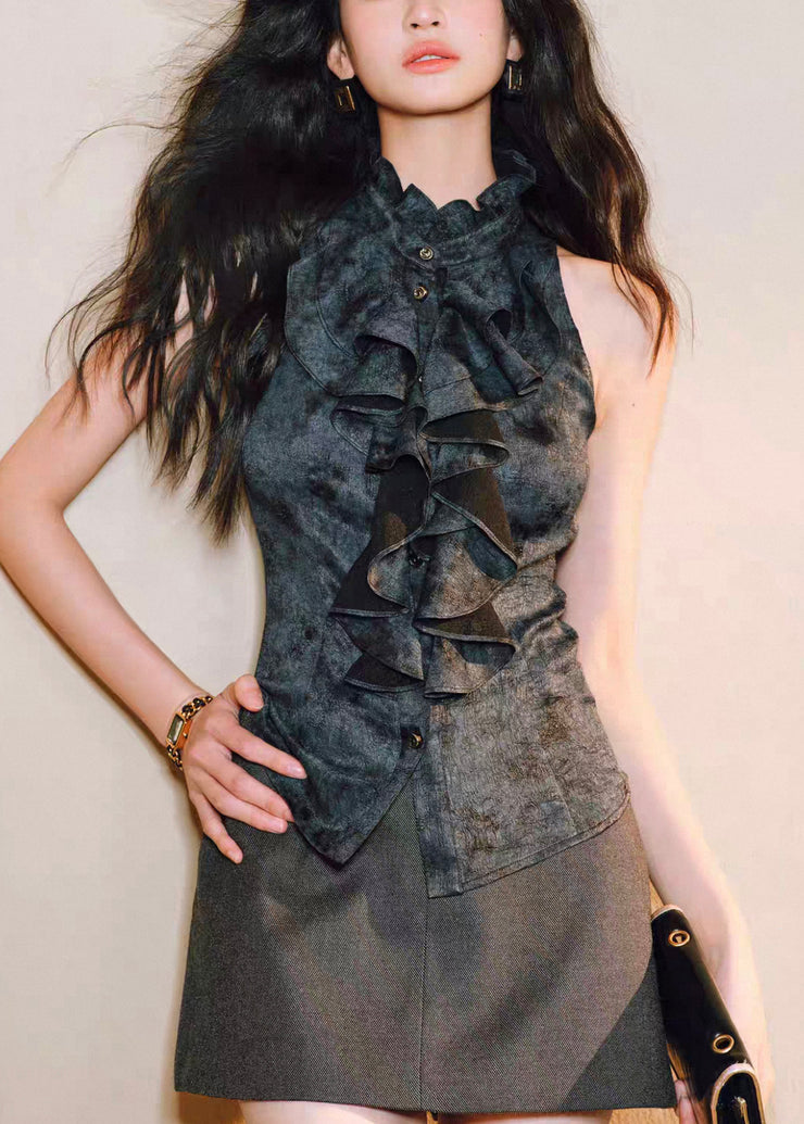 Black Button Original Design Silk Blouses Ruffled Summer