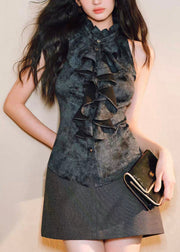 Black Button Original Design Silk Blouses Ruffled Summer