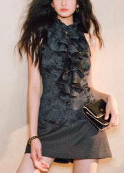 Black Button Original Design Silk Blouses Ruffled Summer