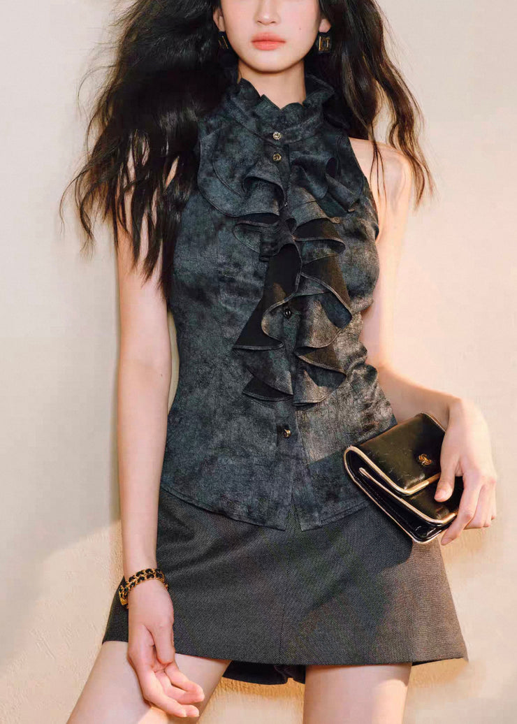 Black Button Original Design Silk Blouses Ruffled Summer
