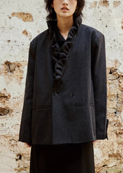 Black Button Pockets Cotton Fall Coats V Neck