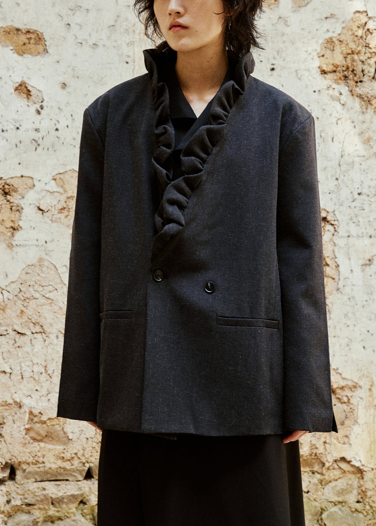 Black Button Pockets Cotton Fall Coats V Neck
