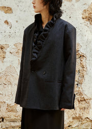 Black Button Pockets Cotton Fall Coats V Neck