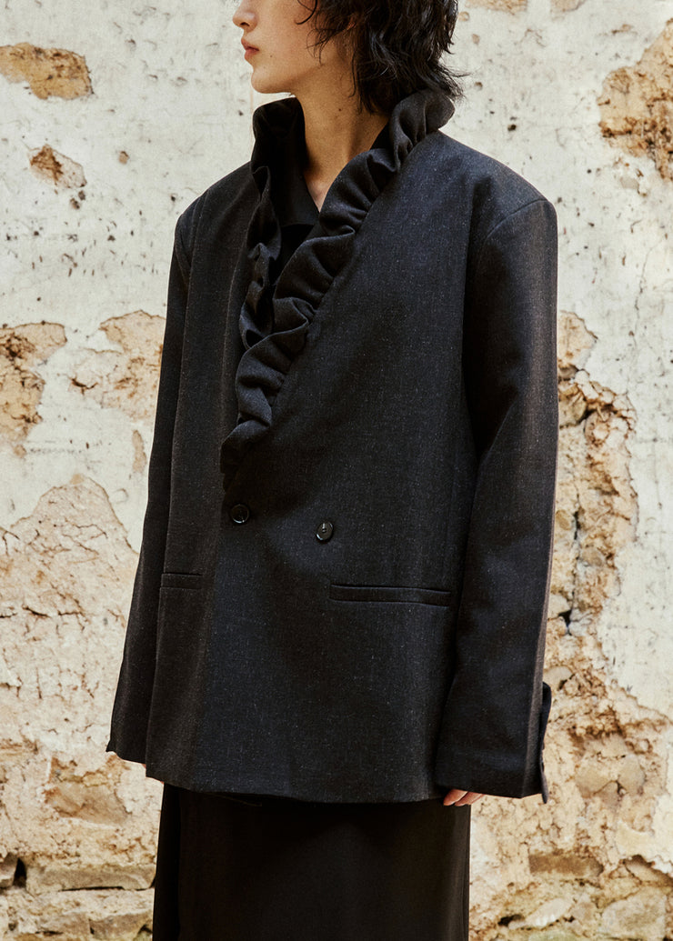 Black Button Pockets Cotton Fall Coats V Neck