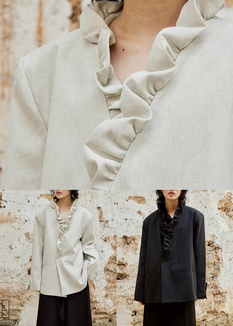 Black Button Pockets Cotton Fall Coats V Neck
