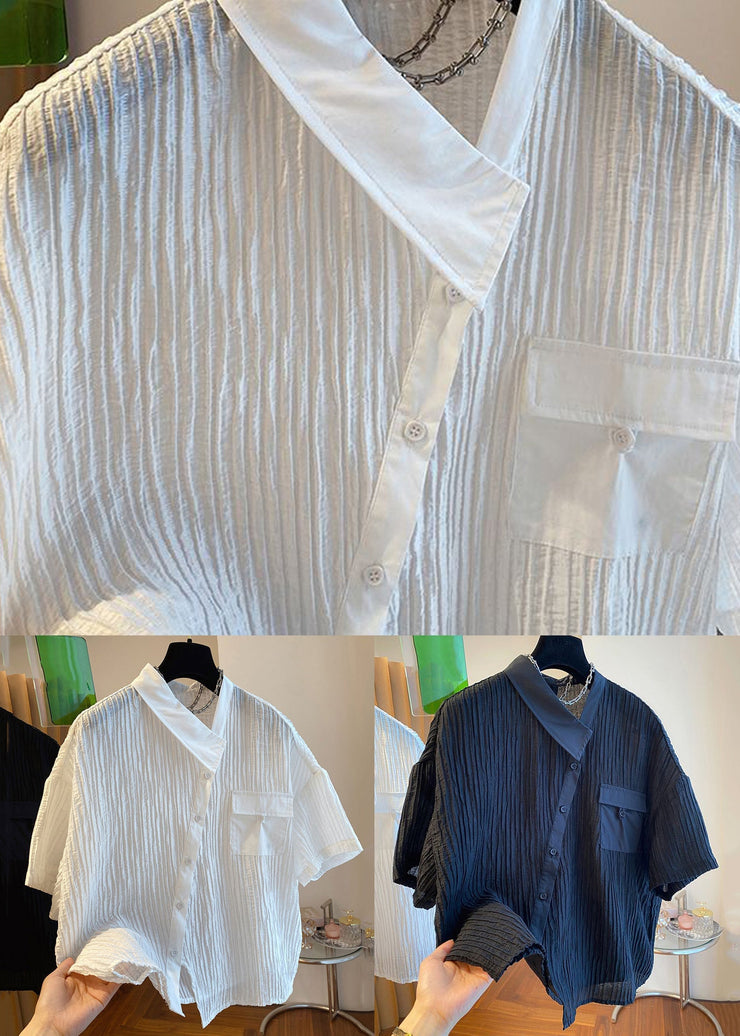 Black Button Pockets Cotton Shirt Asymmetrical Short Sleeve