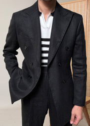 Black Button Pockets Linen Mens Coats Peter Pan Collar