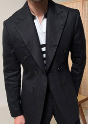 Black Button Pockets Linen Mens Coats Peter Pan Collar