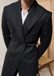 Black Button Pockets Linen Mens Coats Peter Pan Collar