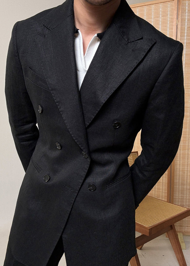 Black Button Pockets Linen Mens Coats Peter Pan Collar