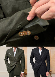 Black Button Pockets Linen Mens Coats Peter Pan Collar