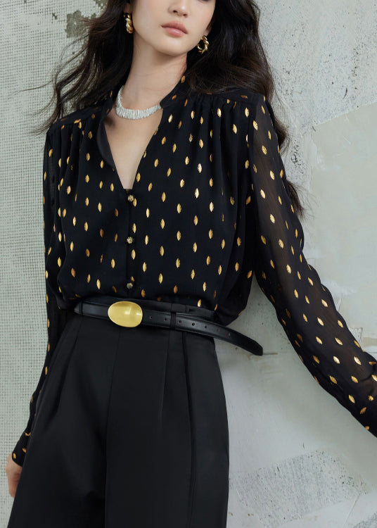 Black Button Print Chiffon Fall Blouse Stand Collar
