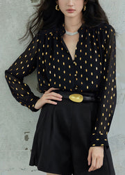 Black Button Print Chiffon Fall Blouse Stand Collar