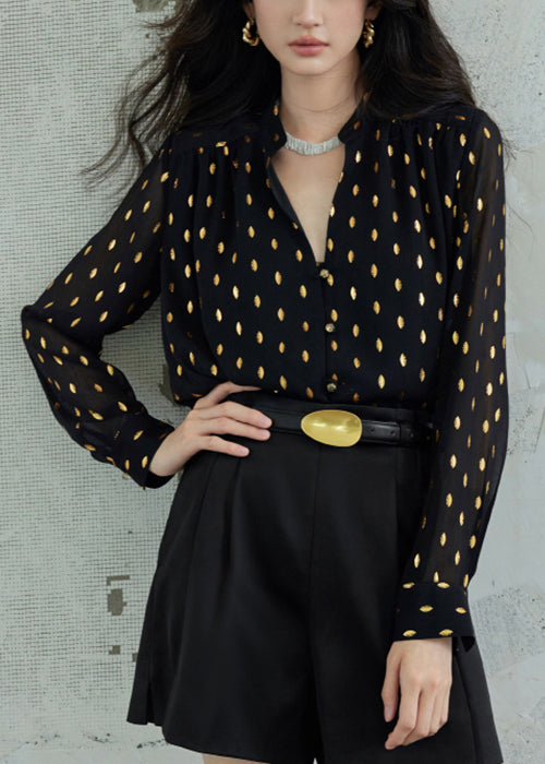 Black Button Print Chiffon Fall Blouse Stand Collar