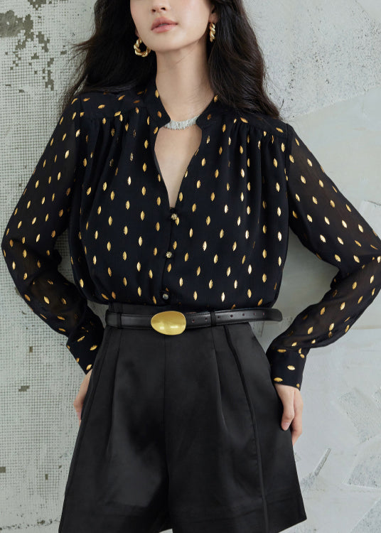 Black Button Print Chiffon Fall Blouse Stand Collar