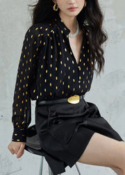 Black Button Print Chiffon Fall Blouse Stand Collar
