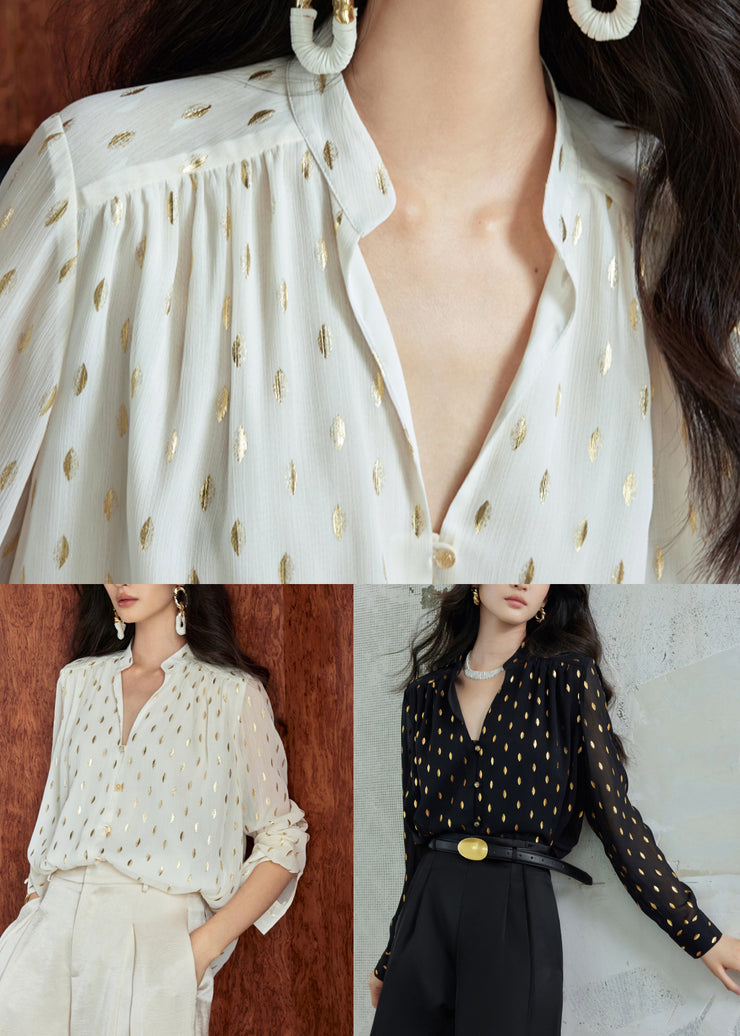 Black Button Print Chiffon Fall Blouse Stand Collar