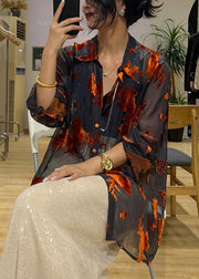 Black Button Print Thin Chiffon Peter Pan Collar Summer