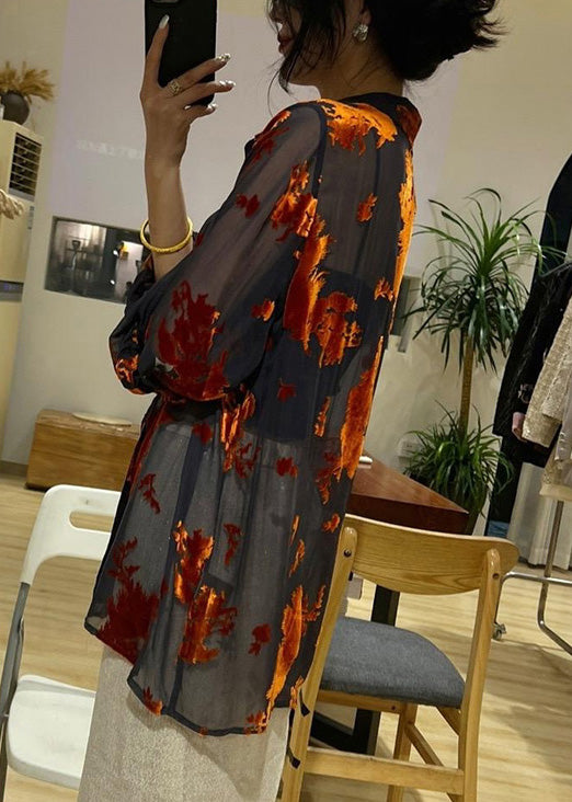Black Button Print Thin Chiffon Peter Pan Collar Summer