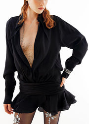 Black Button Solid Chiffon Mini Dresses Peter Pan Collar Spring