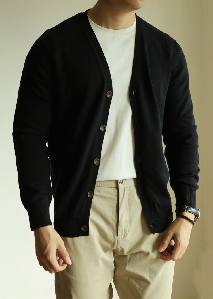 Black Button Solid Knit Mens Cardigans V Neck
