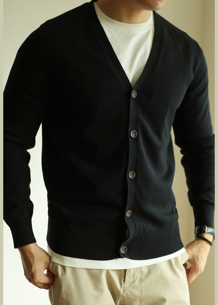 Black Button Solid Knit Mens Cardigans V Neck