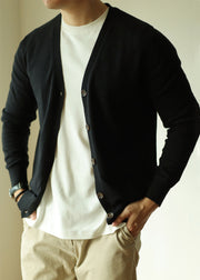 Black Button Solid Knit Mens Cardigans V Neck
