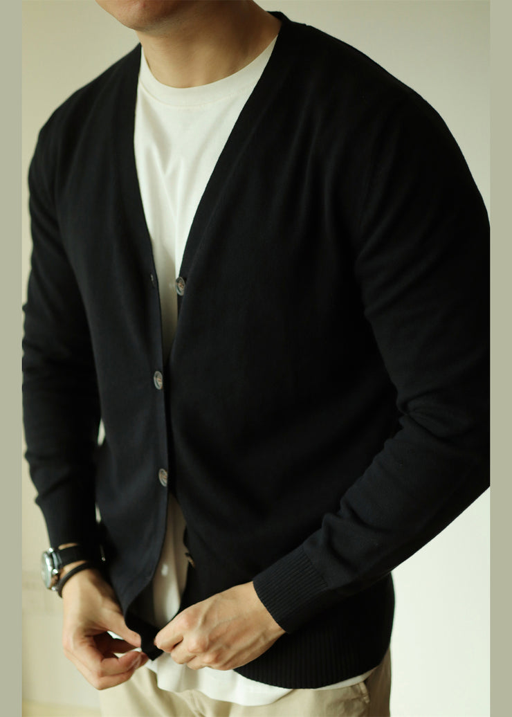 Black Button Solid Knit Mens Cardigans V Neck