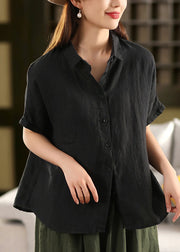 Black Button Solid Linen Summer Blouses Peter Pan Collar