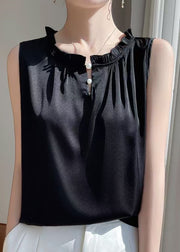 Black Button Solid Silk Sleeveless Blouse Ruffled