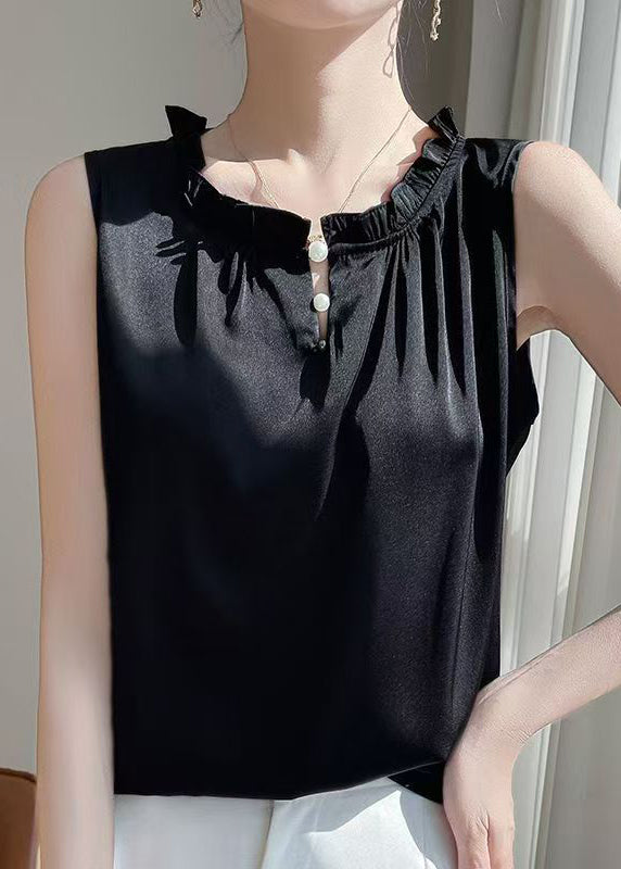 Black Button Solid Silk Sleeveless Blouse Ruffled